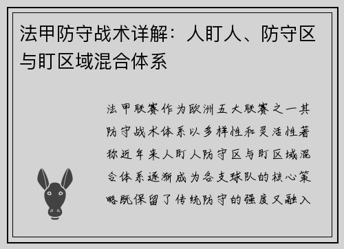 法甲防守战术详解：人盯人、防守区与盯区域混合体系